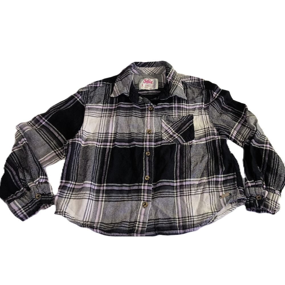 Justice Girls Top Plaid Button Front Pocket Logo Emblem Causal Black S(7/8) G001